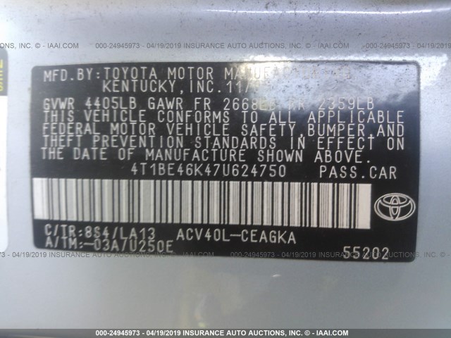 4T1BE46K47U624750 - 2007 TOYOTA CAMRY NEW GENERAT CE/LE/XLE/SE BLUE photo 9