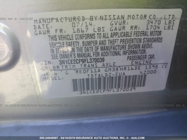 3N1CE2CP9FL370039 - 2015 NISSAN VERSA NOTE S/S PLUS/SV/SL/SR SILVER photo 9