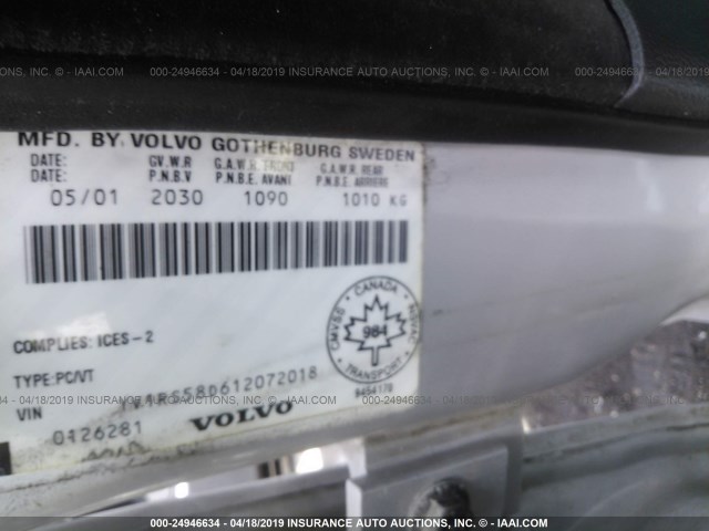 YV1RS58D612072018 - 2001 VOLVO S60 2.4T SILVER photo 9