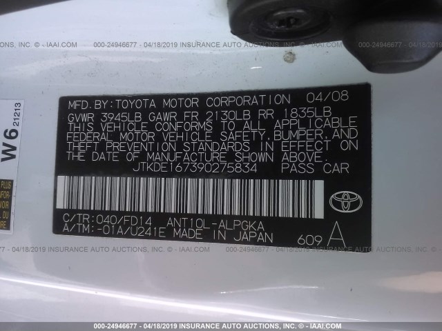 JTKDE167390275834 - 2009 TOYOTA SCION TC WHITE photo 9