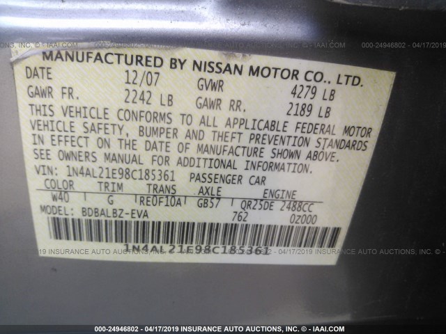 1N4AL21E98C185361 - 2008 NISSAN ALTIMA 2.5/2.5S SILVER photo 9