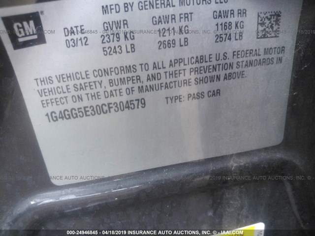 1G4GG5E30CF304579 - 2012 BUICK LACROSSE PREMIUM GRAY photo 9