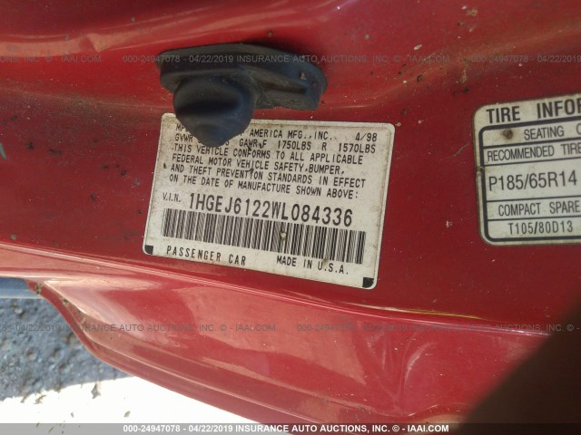 1HGEJ6122WL084336 - 1998 HONDA CIVIC DX RED photo 9