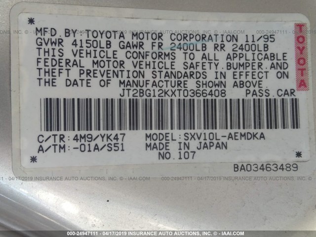 JT2BG12KXT0366408 - 1996 TOYOTA CAMRY DX/LE/XLE GOLD photo 9