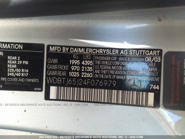 WDBTJ65J24F076979 - 2004 MERCEDES-BENZ CLK 320C SILVER photo 9