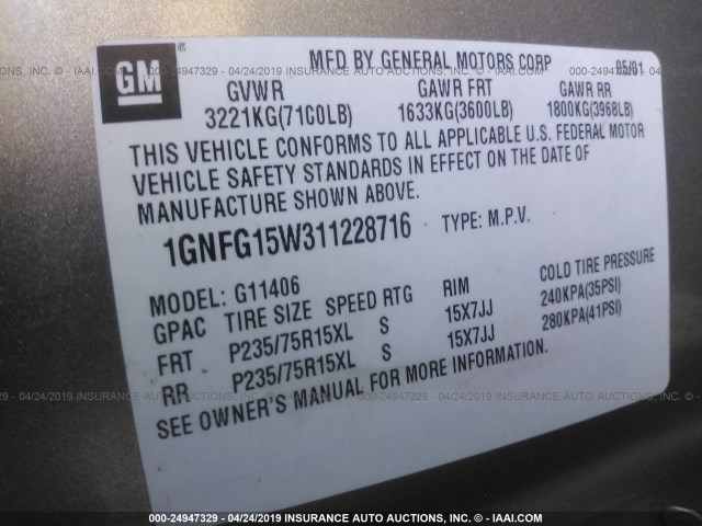 1GNFG15W311228716 - 2001 CHEVROLET EXPRESS G1500  GRAY photo 9