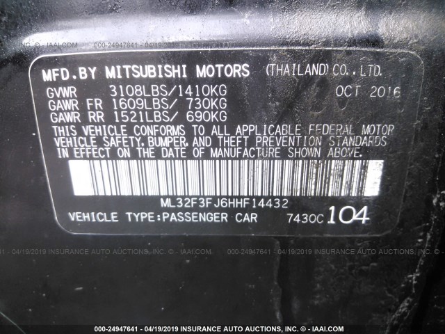 ML32F3FJ6HHF14432 - 2017 MITSUBISHI MIRAGE G4 ES Qara foto 9