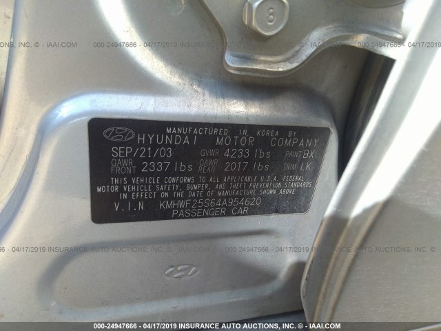 KMHWF25S64A954620 - 2004 HYUNDAI SONATA GL SILVER photo 9