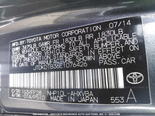 JTDKDTB36E1076426 - 2014 TOYOTA PRIUS C GRAY photo 9