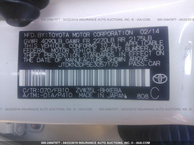 JTDKN3DP5E3057173 - 2014 TOYOTA PRIUS PLUG-IN  WHITE photo 9