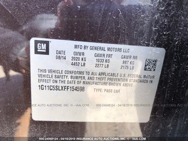 1G11C5SLXFF154598 - 2015 CHEVROLET MALIBU 1LT 栗色 照片 9