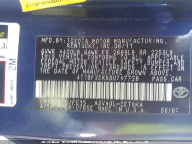 4T1BF3EK6BU747726 - 2011 TOYOTA CAMRY SE/LE/XLE BLUE photo 9