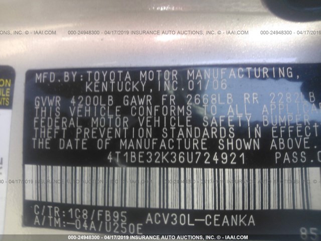 4T1BE32K36U724921 - 2006 TOYOTA CAMRY LE/XLE/SE SILVER photo 9