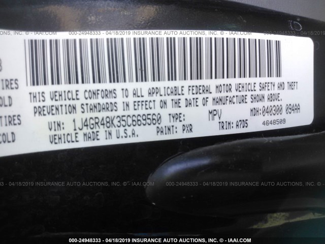1J4GR48K35C669560 - 2005 JEEP GRAND CHEROKEE LAREDO/COLUMBIA/FREEDOM BLACK photo 9