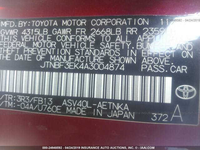 JTNBF3EK4A3004874 - 2010 TOYOTA CAMRY SE/LE/XLE RED photo 9