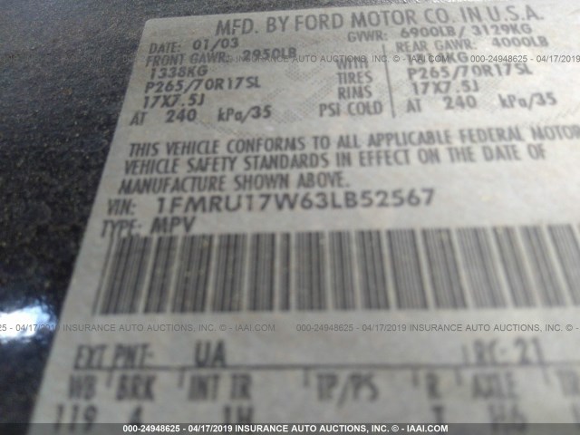 1FMRU17W63LB52567 - 2003 FORD EXPEDITION EDDIE BAUER BLACK photo 9