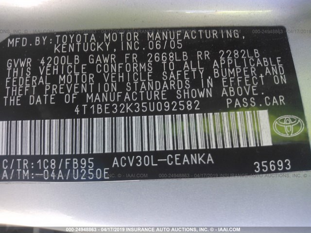 4T1BE32K35U092582 - 2005 TOYOTA CAMRY LE/XLE/SE SILVER photo 9