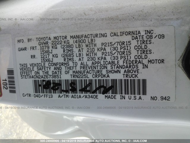 5TETX4CN2AZ673851 - 2010 TOYOTA TACOMA ACCESS CAB თეთრი ფოტო 9