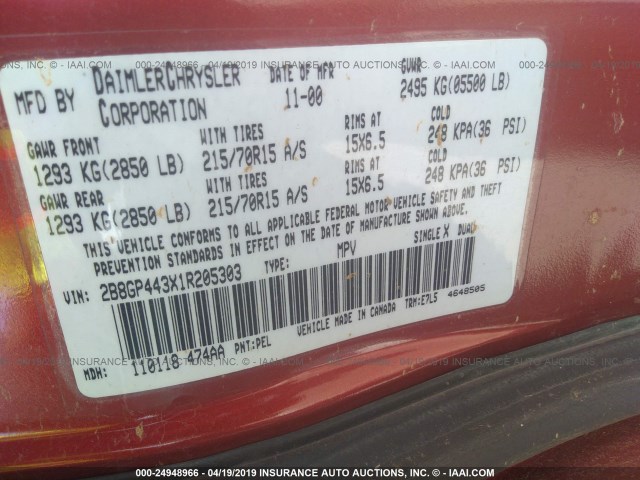 2B8GP443X1R205303 - 2001 DODGE GRAND CARAVAN SPORT RED photo 9