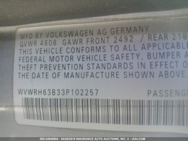 WVWRH63B33P102257 - 2003 VOLKSWAGEN PASSAT GLX GRAY photo 9