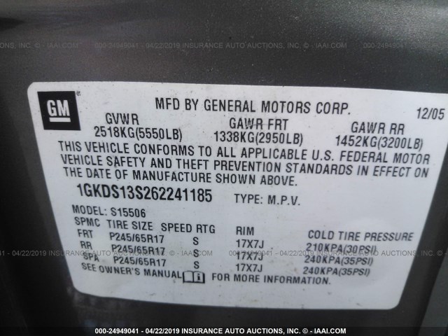 1GKDS13S262241185 - 2006 GMC ENVOY GRAY photo 9