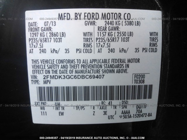 2FMDK3GC6DBC69407 - 2013 FORD EDGE SE BLACK photo 9