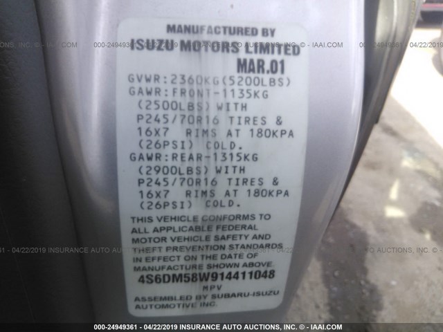 4S6DM58W914411048 - 2001 HONDA PASSPORT EX/LX 银色 照片 9