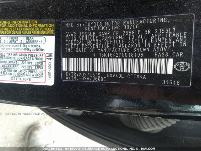 4T1BK46K27U018498 - 2007 TOYOTA CAMRY NEW GENERAT LE/XLE/SE BLACK photo 9