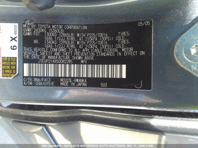 JTEGP21AX50082285 - 2005 TOYOTA HIGHLANDER LIMITED GRAY photo 9