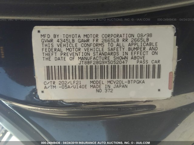 JT8BF28G9X5052047 - 1999 LEXUS ES 300 BLACK photo 9