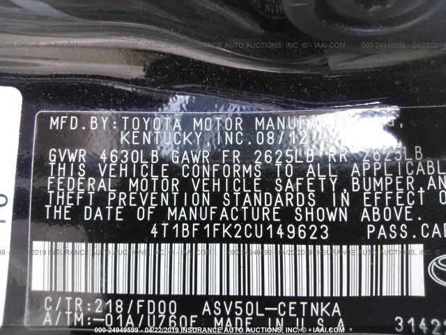 4T1BF1FK2CU149623 - 2012 TOYOTA CAMRY SE/LE/XLE BLACK photo 9