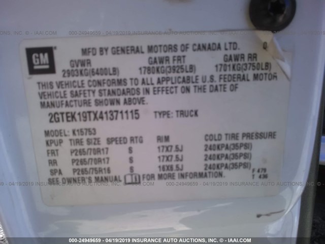 2GTEK19TX41371115 - 2004 GMC NEW SIERRA K1500 WHITE photo 9