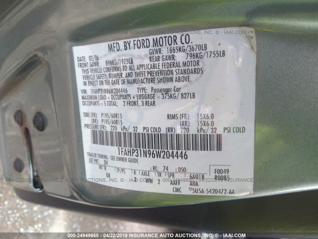 1FAHP31N96W204446 - 2006 FORD FOCUS ZX3 GREEN photo 9