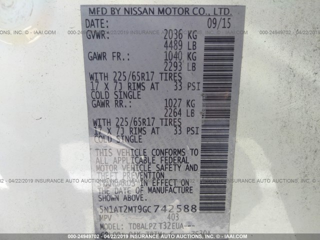 5N1AT2MT9GC742588 - 2016 NISSAN ROGUE S/SL/SV WHITE photo 9