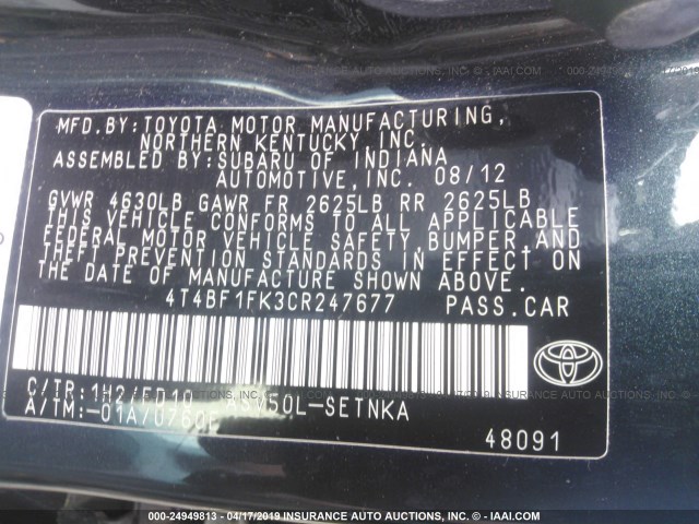 4T4BF1FK3CR247677 - 2012 TOYOTA CAMRY SE/LE/XLE BLACK photo 9