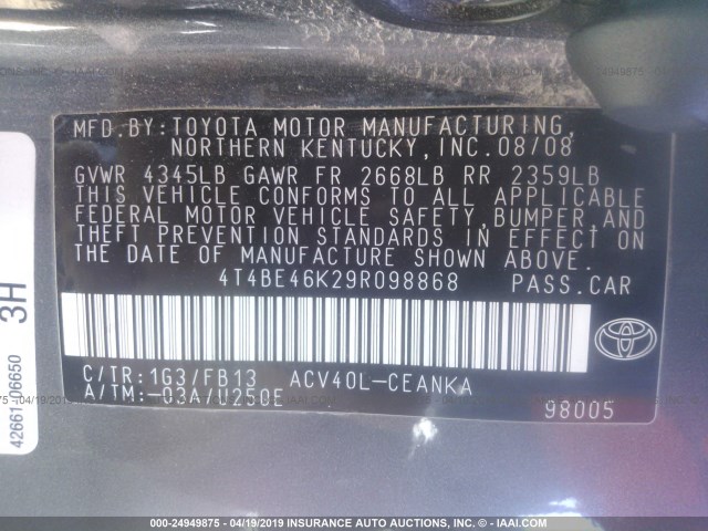 4T4BE46K29R098868 - 2009 TOYOTA CAMRY SE/LE/XLE GRAY photo 9