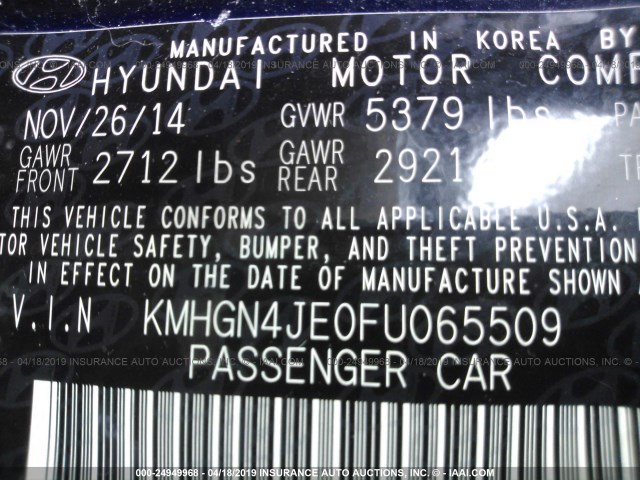 KMHGN4JE0FU065509 - 2015 HYUNDAI GENESIS 3.8L BLACK photo 9