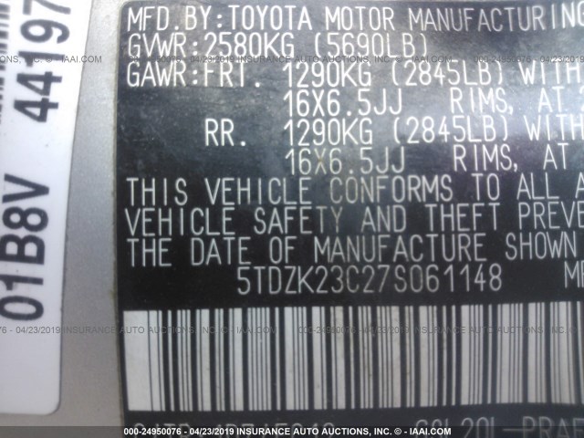 5TDZK23C27S061148 - 2007 TOYOTA SIENNA CE/LE SILVER photo 9