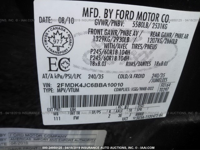 2FMDK4JC6BBA10010 - 2011 FORD EDGE SEL BLACK photo 9