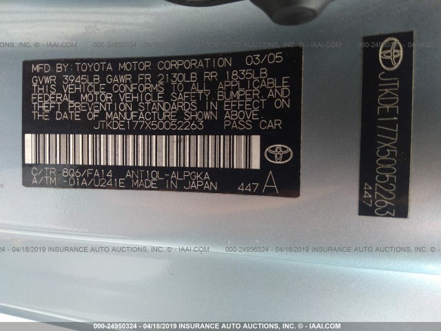 JTKDE177X50052263 - 2005 TOYOTA SCION TC BLUE photo 9