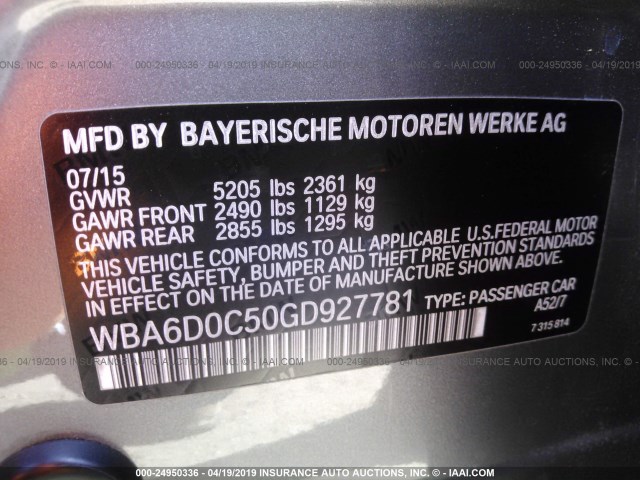 WBA6D0C50GD927781 - 2016 BMW 640 I/GRAN COUPE GRAY photo 9