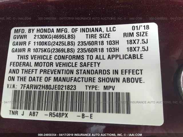 7FARW2H80JE021823 - 2018 HONDA CR-V EXL MAROON photo 9