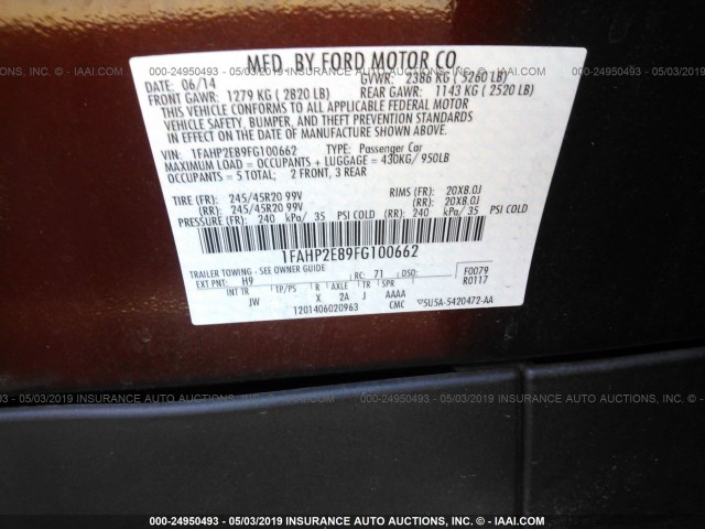 1FAHP2E89FG100662 - 2015 FORD TAURUS SEL BROWN photo 9