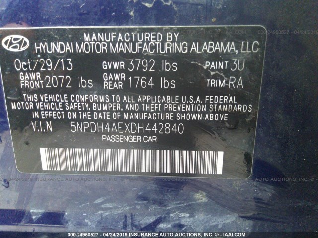 5NPDH4AEXDH442840 - 2013 HYUNDAI ELANTRA GLS/LIMITED BLUE photo 9