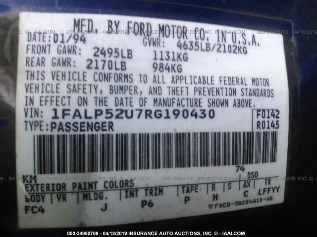 1FALP52U7RG190430 - 1994 FORD TAURUS GL BLUE photo 9