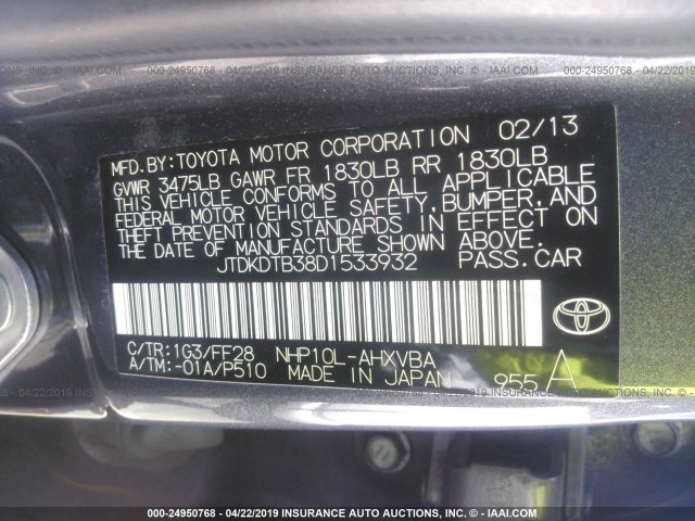 JTDKDTB38D1533932 - 2013 TOYOTA PRIUS C GRAY photo 9