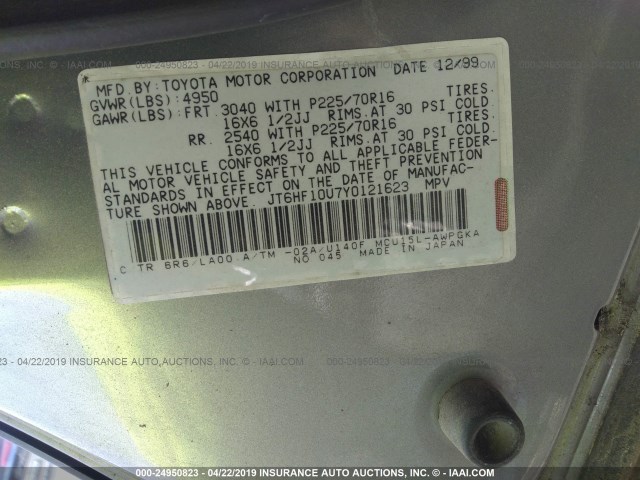 JT6HF10U7Y0121623 - 2000 LEXUS RX 300 SILVER photo 9