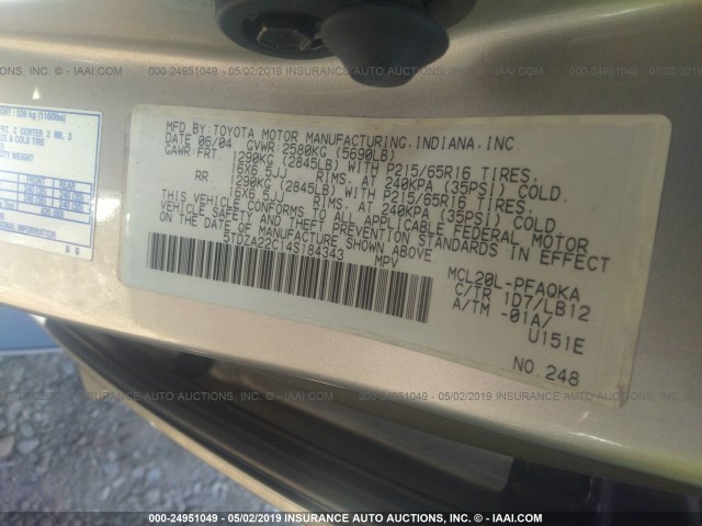 5TDZA22C14S184343 - 2004 TOYOTA SIENNA XLE/XLE LIMITED SILVER photo 9