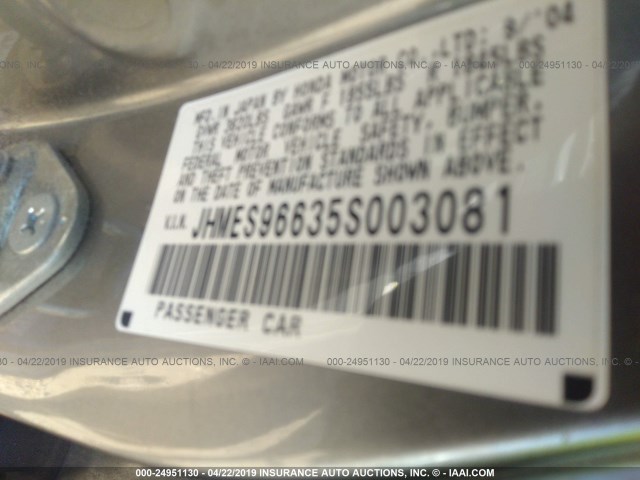 JHMES96635S003081 - 2005 HONDA CIVIC HYBRID SILVER photo 9