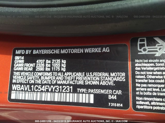 WBAVL1C54FVY31231 - 2015 BMW X1 XDRIVE28I ORANGE photo 9